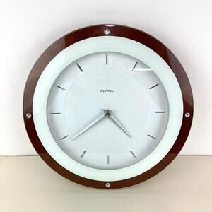 Swing Wall Clock Echo Walnut MCM Style Wood Frame